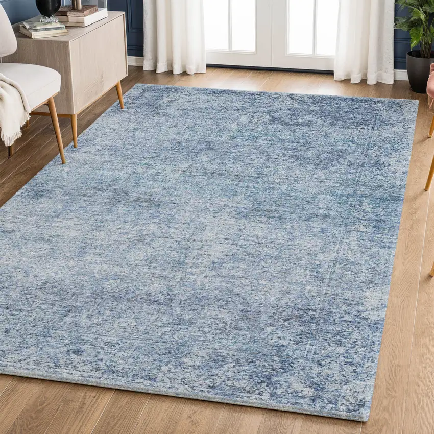 Blue And Denim Blue Abstract Washable Area Rug With UV Protection Photo 6