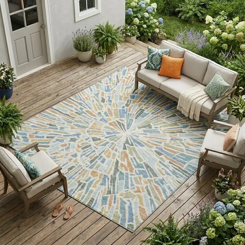 Blue And Denim Blue Abstract Washable Indoor Outdoor Area Rug Photo 1