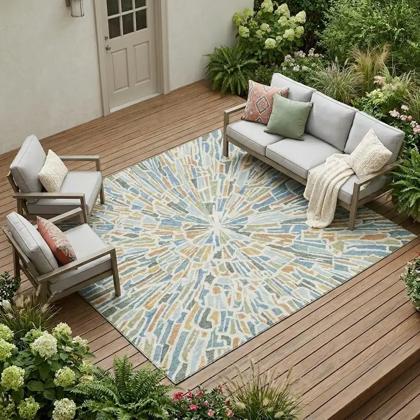 Blue And Denim Blue Abstract Washable Indoor Outdoor Area Rug Photo 1