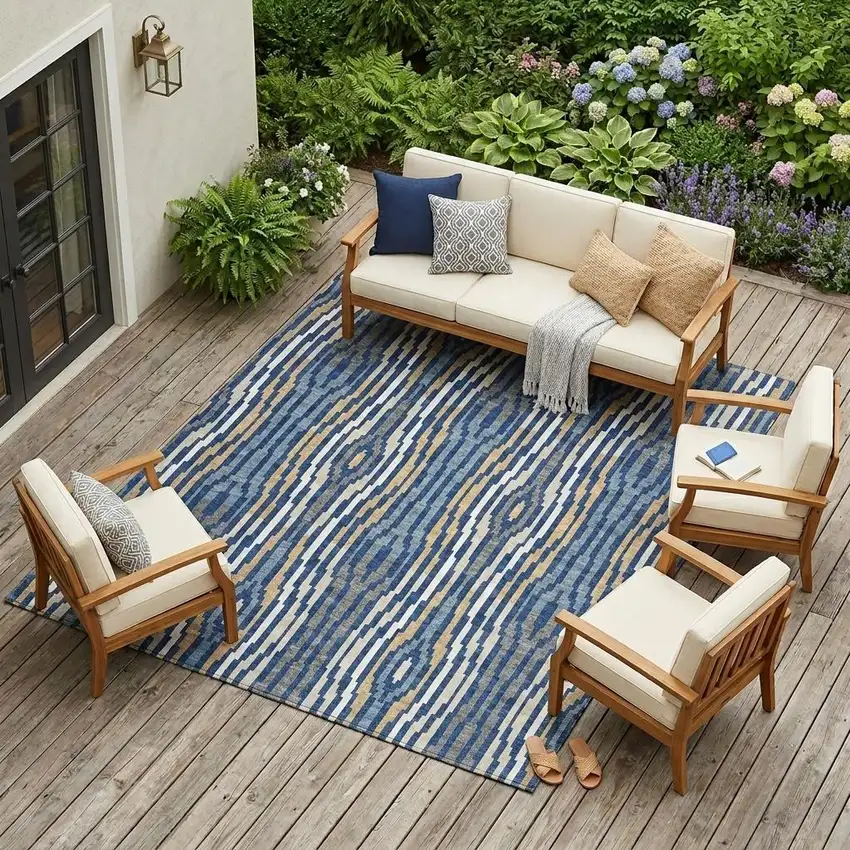 Blue And Denim Blue Abstract Washable Indoor Outdoor Area Rug Photo 1