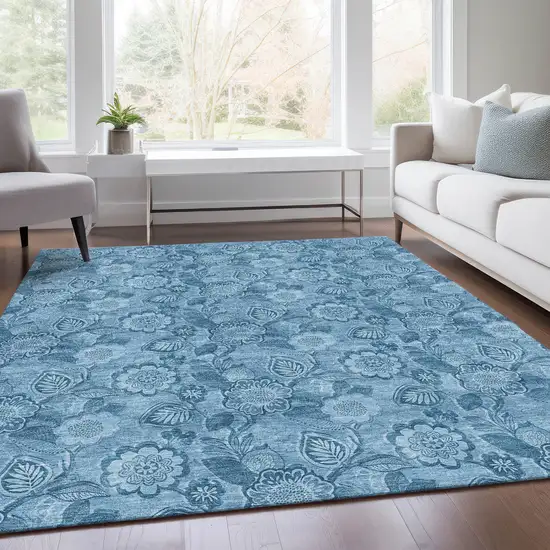 Blue And Denim Blue Floral Washable Indoor Outdoor Area Rug Photo 6