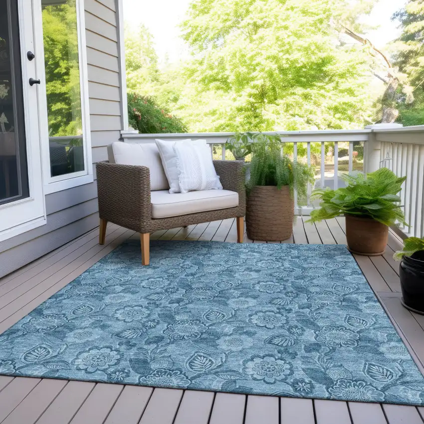 Blue And Denim Blue Floral Washable Indoor Outdoor Area Rug Photo 7