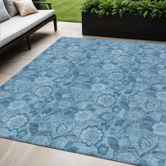 Blue And Denim Blue Floral Washable Indoor Outdoor Area Rug Photo 2