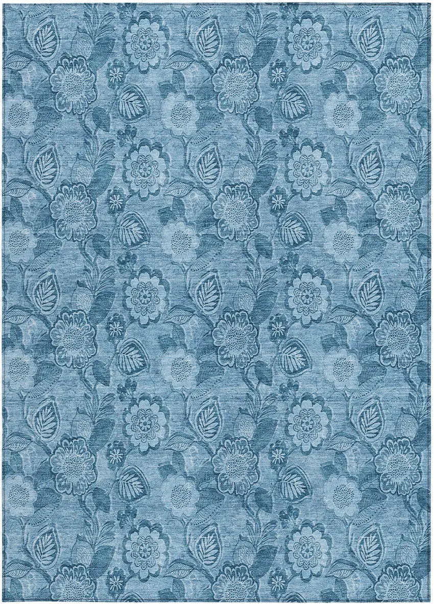Blue And Denim Blue Floral Washable Indoor Outdoor Area Rug Photo 1
