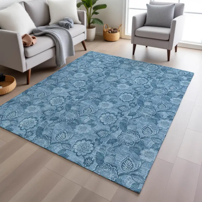 Blue And Denim Blue Floral Washable Indoor Outdoor Area Rug Photo 5