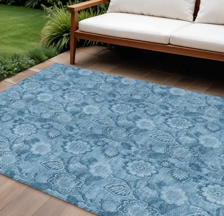 Blue And Denim Blue Floral Washable Indoor Outdoor Area Rug Photo 2