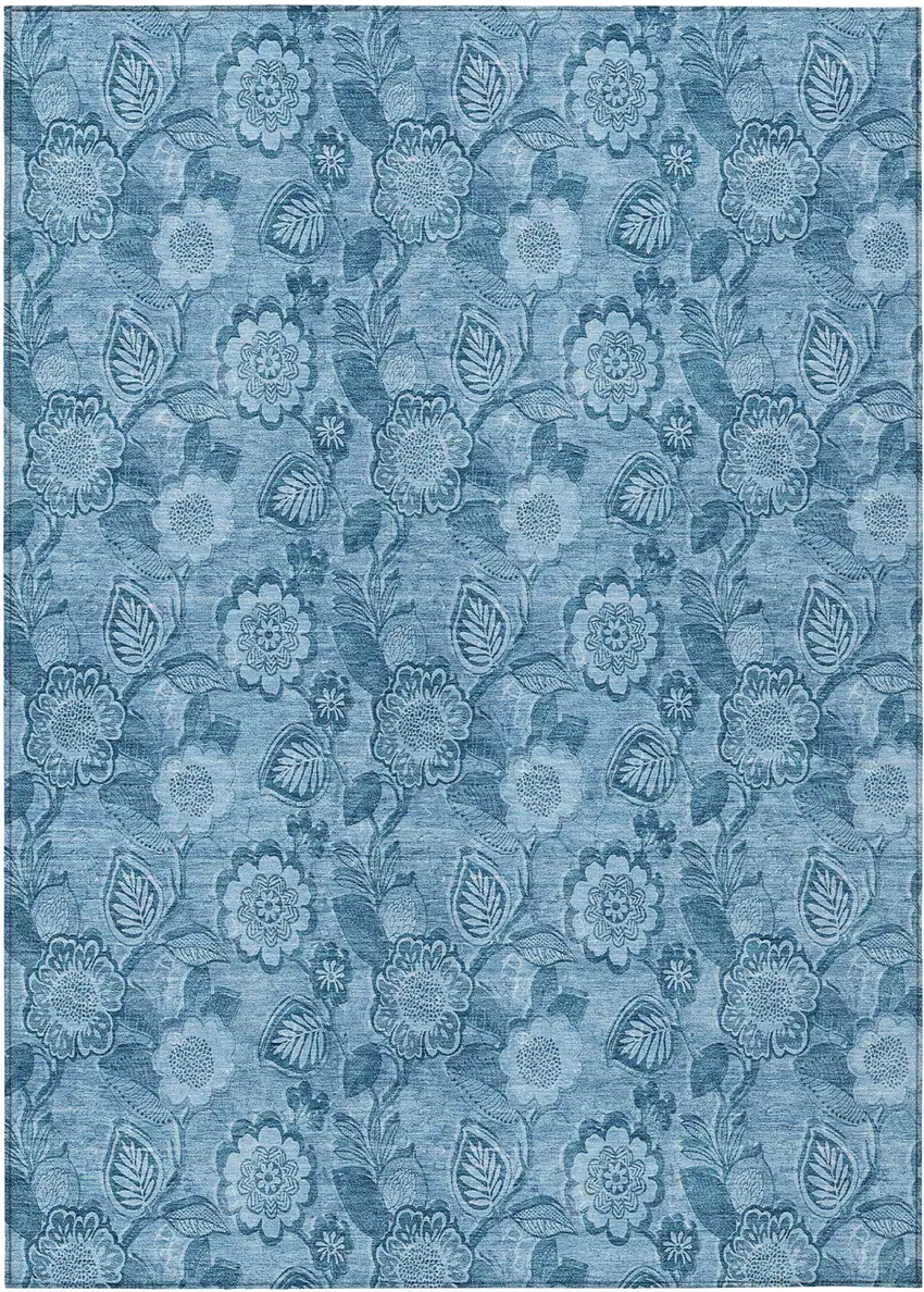 Blue And Denim Blue Floral Washable Indoor Outdoor Area Rug Photo 8