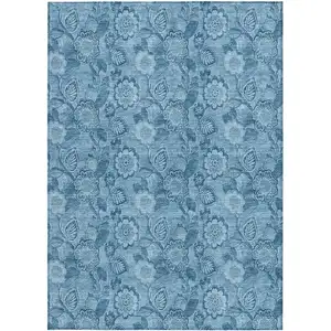 Photo of Blue And Denim Blue Floral Washable Indoor Outdoor Area Rug