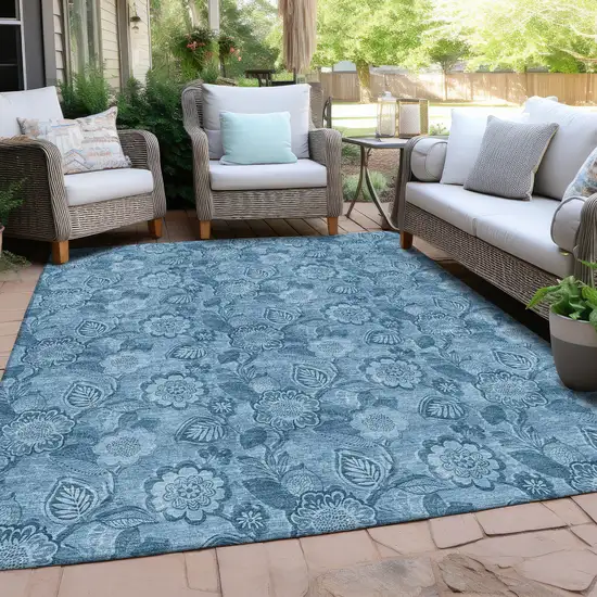Blue And Denim Blue Floral Washable Indoor Outdoor Area Rug Photo 4