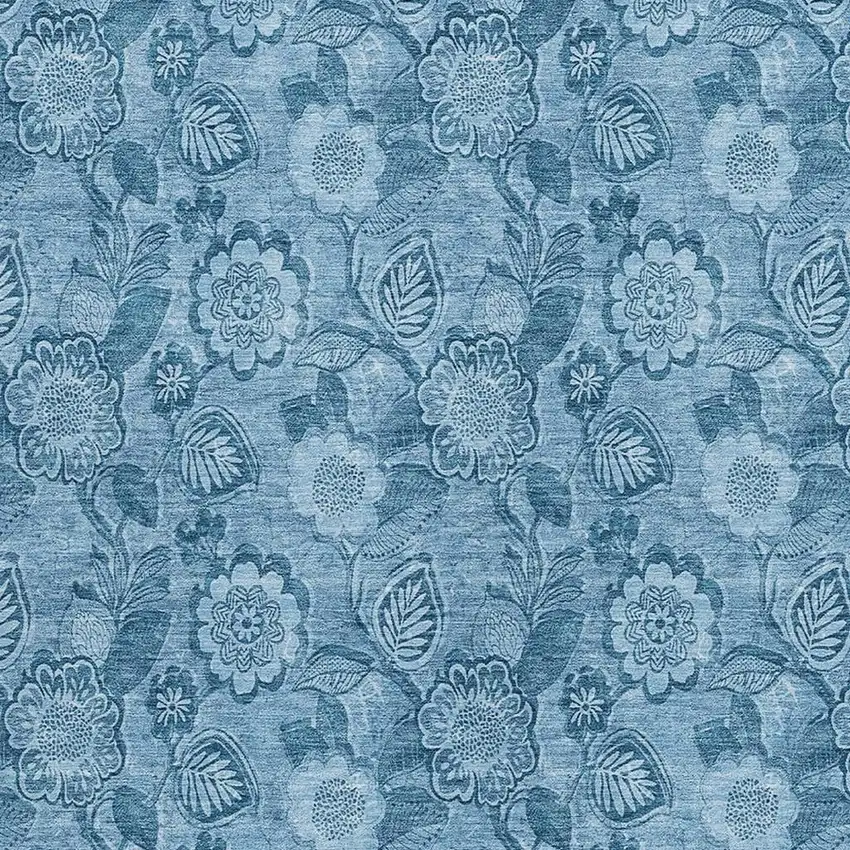 Blue And Denim Blue Floral Washable Indoor Outdoor Area Rug Photo 3