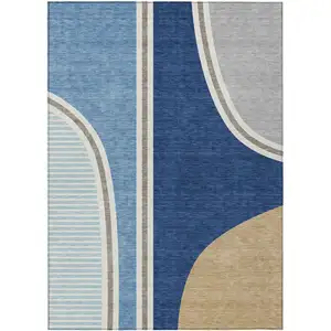 Photo of Blue And Denim Blue Geometric Washable Indoor Outdoor Area Rug