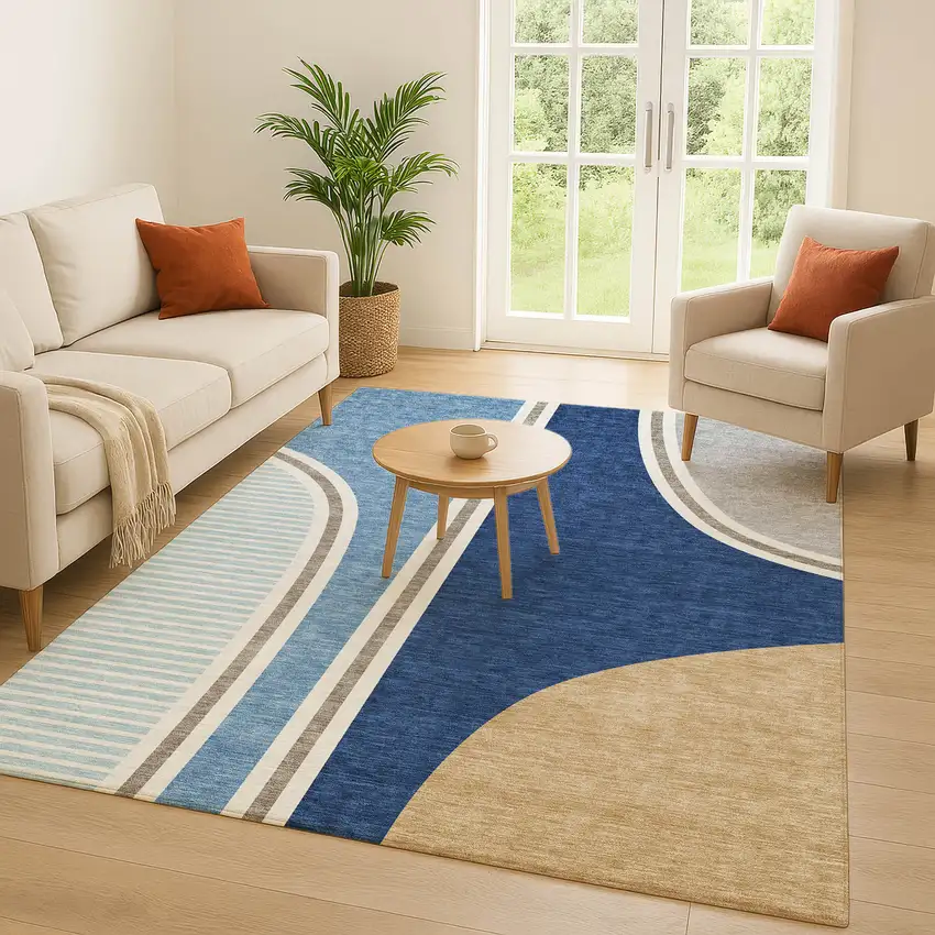 Blue And Denim Blue Geometric Washable Indoor Outdoor Area Rug Photo 5