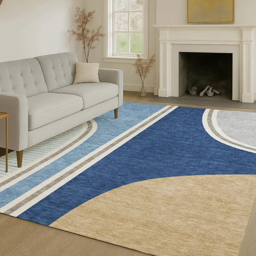 Blue And Denim Blue Geometric Washable Indoor Outdoor Area Rug Photo 6