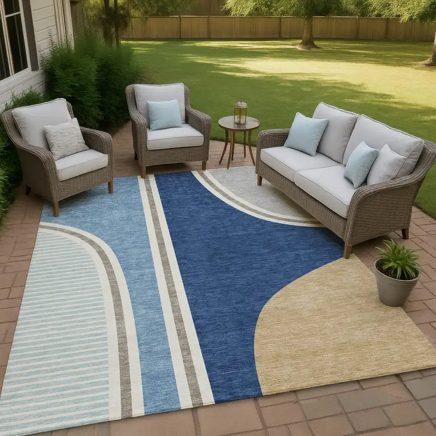 Blue And Denim Blue Geometric Washable Indoor Outdoor Area Rug Photo 4