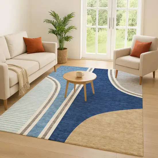 Blue And Denim Blue Geometric Washable Indoor Outdoor Area Rug Photo 5