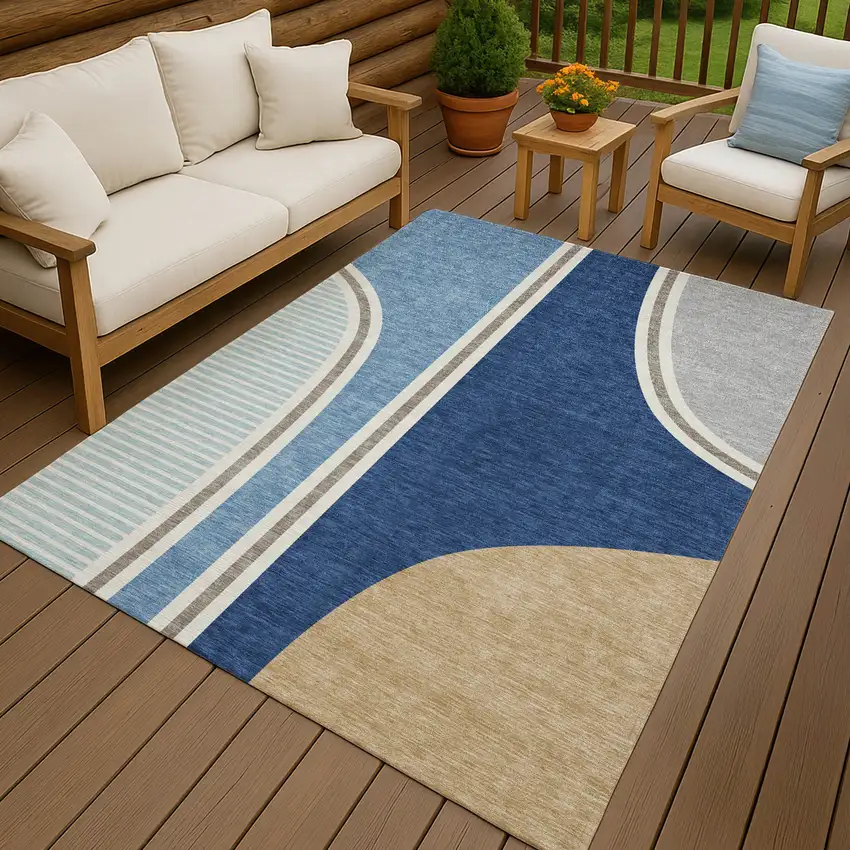Blue And Denim Blue Geometric Washable Indoor Outdoor Area Rug Photo 7