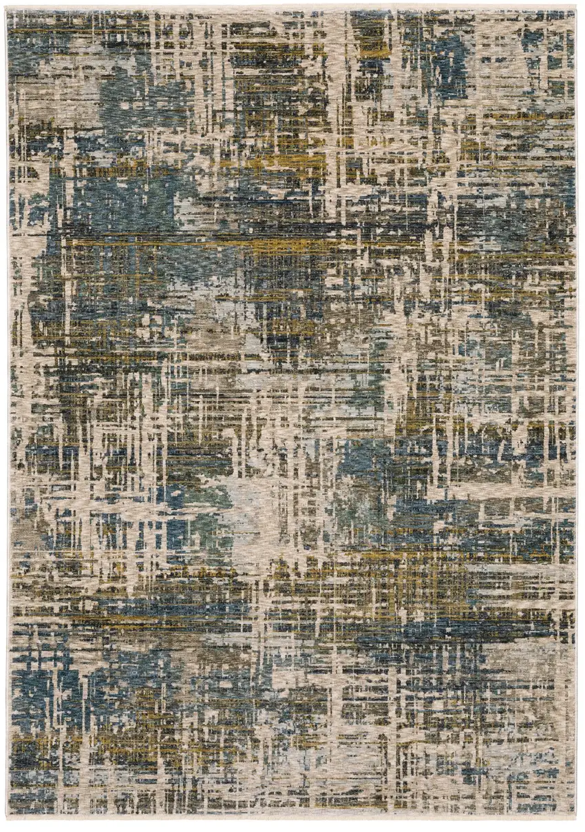 Blue And Gold Abstract Area Rug With Fringe Photo 5