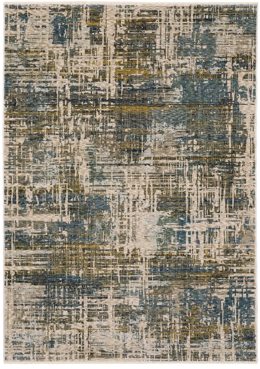 Blue And Gold Abstract Area Rug With Fringe Photo 2