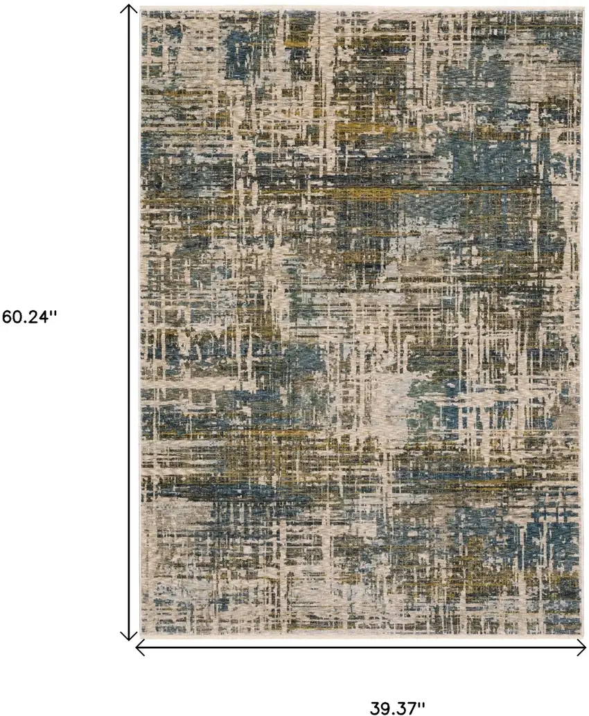 Blue And Gold Abstract Area Rug With Fringe Photo 3