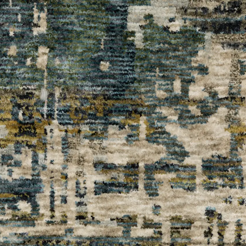 Blue And Gold Abstract Area Rug With Fringe Photo 4