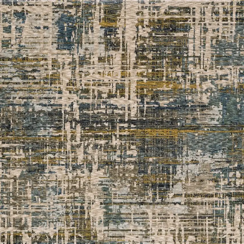 Blue And Gold Abstract Area Rug With Fringe Photo 5
