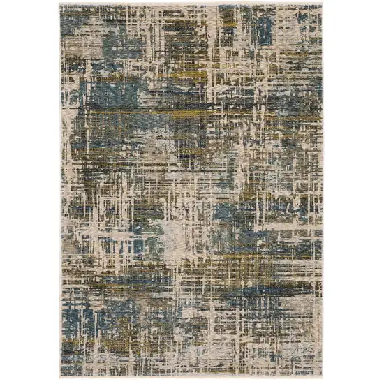 Blue And Gold Abstract Distressed Area Rug With Fringe Photo 5