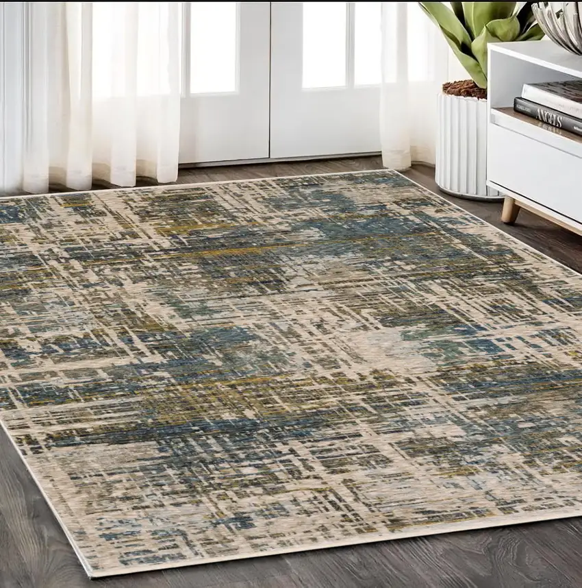Blue And Gold Abstract Distressed Area Rug With Fringe Photo 1