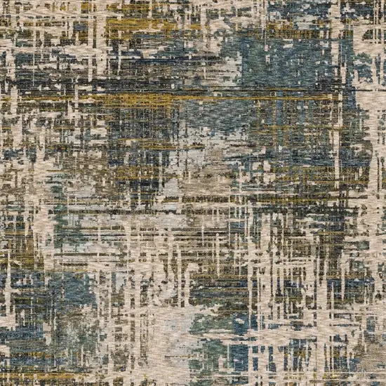 Blue And Gold Abstract Distressed Area Rug With Fringe Photo 4