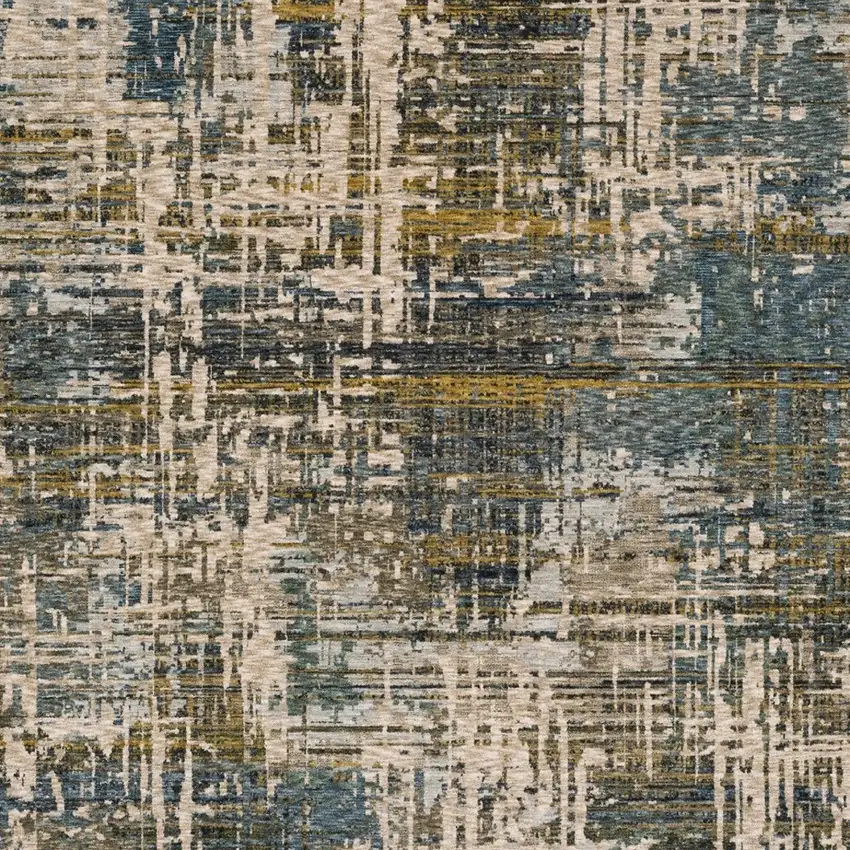 Blue And Gold Abstract Distressed Area Rug With Fringe Photo 4
