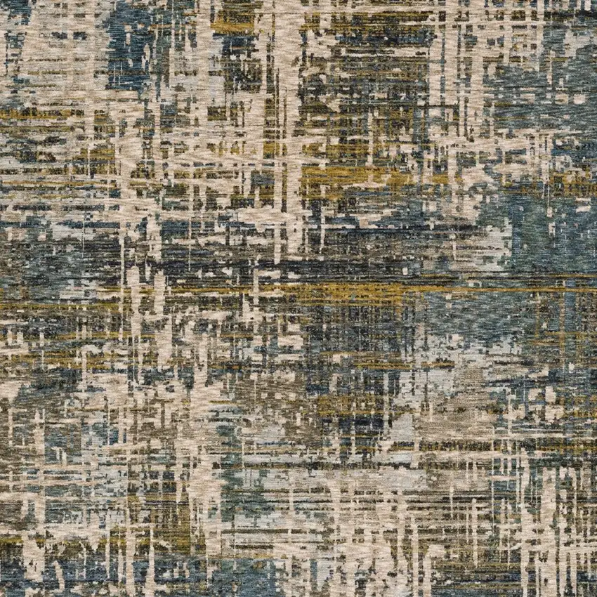 Blue And Gold Abstract Distressed Area Rug With Fringe Photo 4