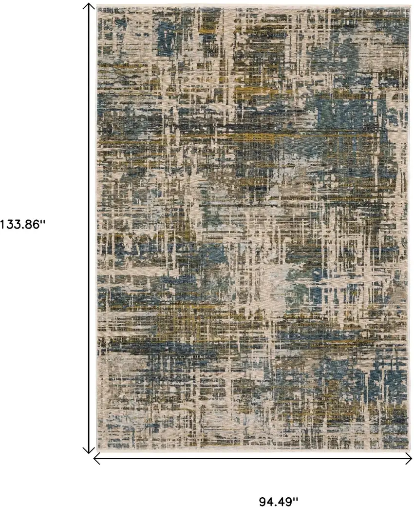 Blue And Gold Abstract Distressed Area Rug With Fringe Photo 3