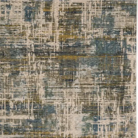 Blue And Gold Abstract Distressed Area Rug With Fringe Photo 5