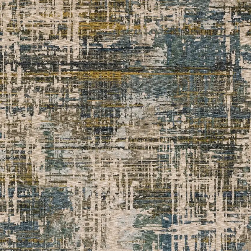 Blue And Gold Abstract Distressed Area Rug With Fringe Photo 4
