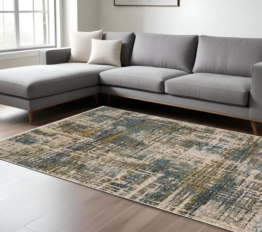 Blue And Gold Abstract Distressed Area Rug With Fringe Photo 1