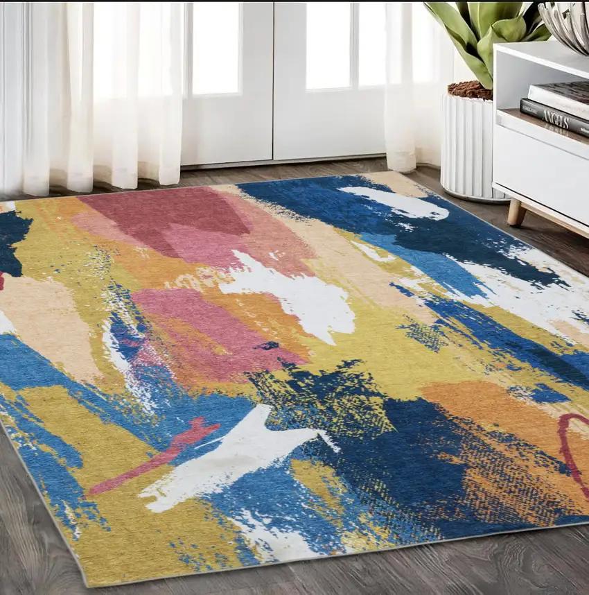 Blue And Gold Abstract Distressed Area Rug Photo 1