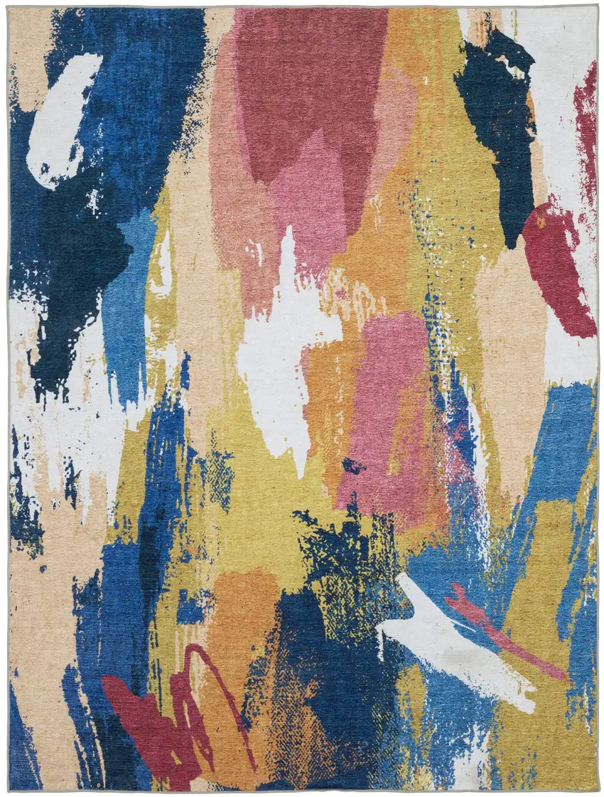 Blue And Gold Abstract Distressed Area Rug Photo 5