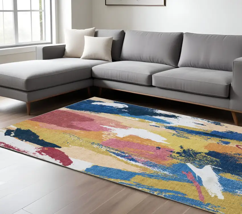 Blue And Gold Abstract Distressed Area Rug Photo 1