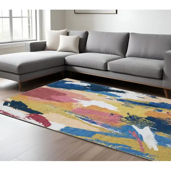 Blue And Gold Abstract Distressed Area Rug Photo 1