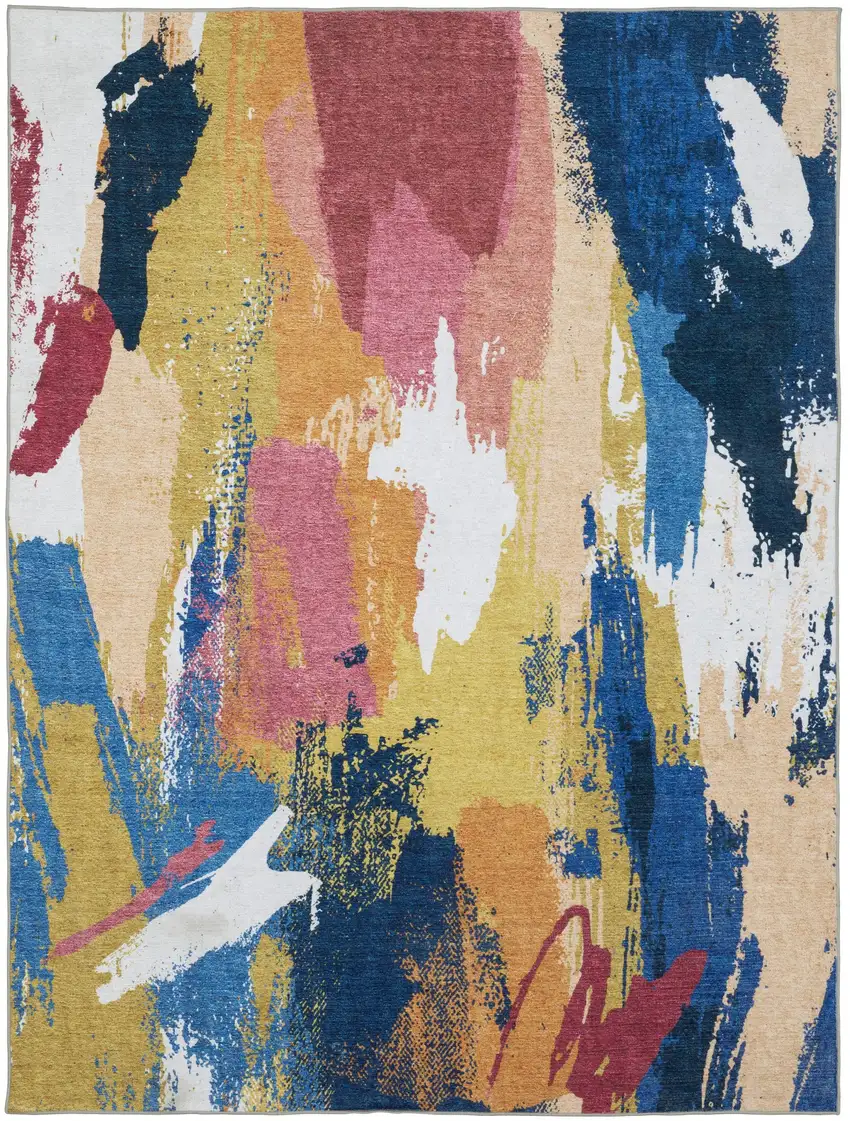 Blue And Gold Abstract Distressed Area Rug Photo 2