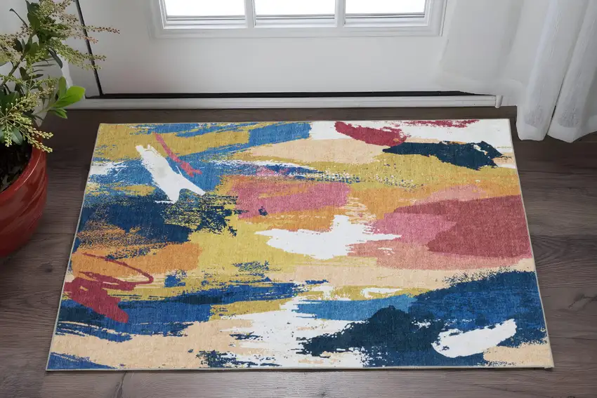 Blue And Gold Abstract Distressed Area Rug Photo 1