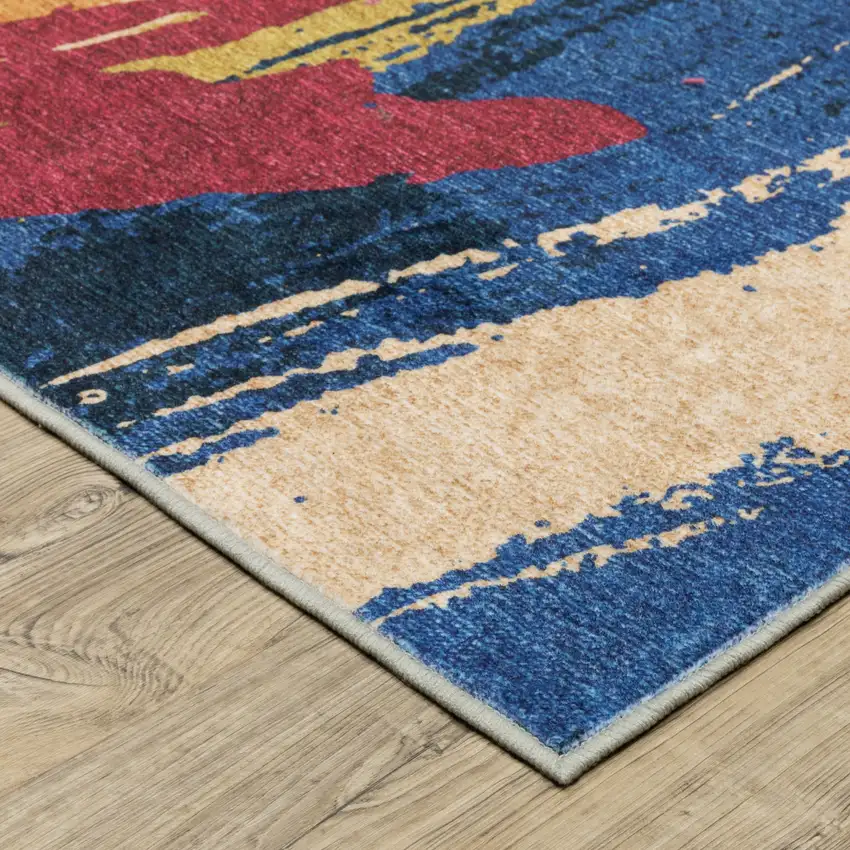 Blue And Gold Abstract Distressed Area Rug Photo 7