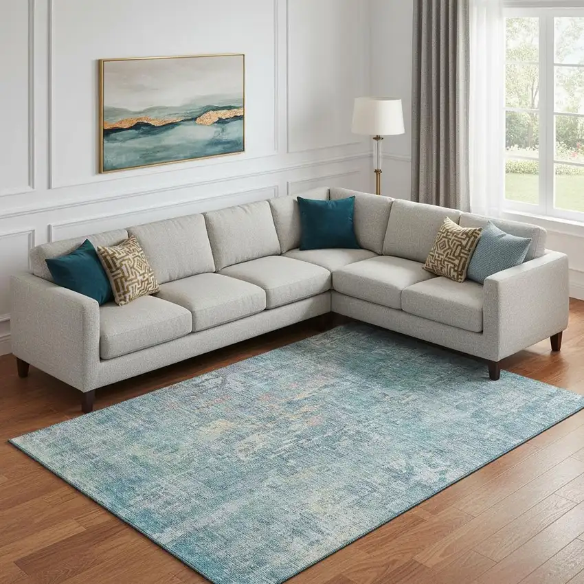 Blue And Gold Abstract Washable Area Rug With UV Protection Photo 2