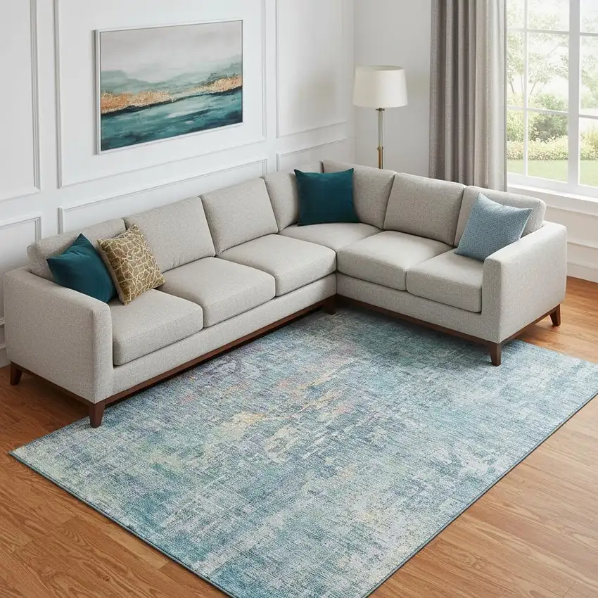 Blue And Gold Abstract Washable Area Rug With UV Protection Photo 2