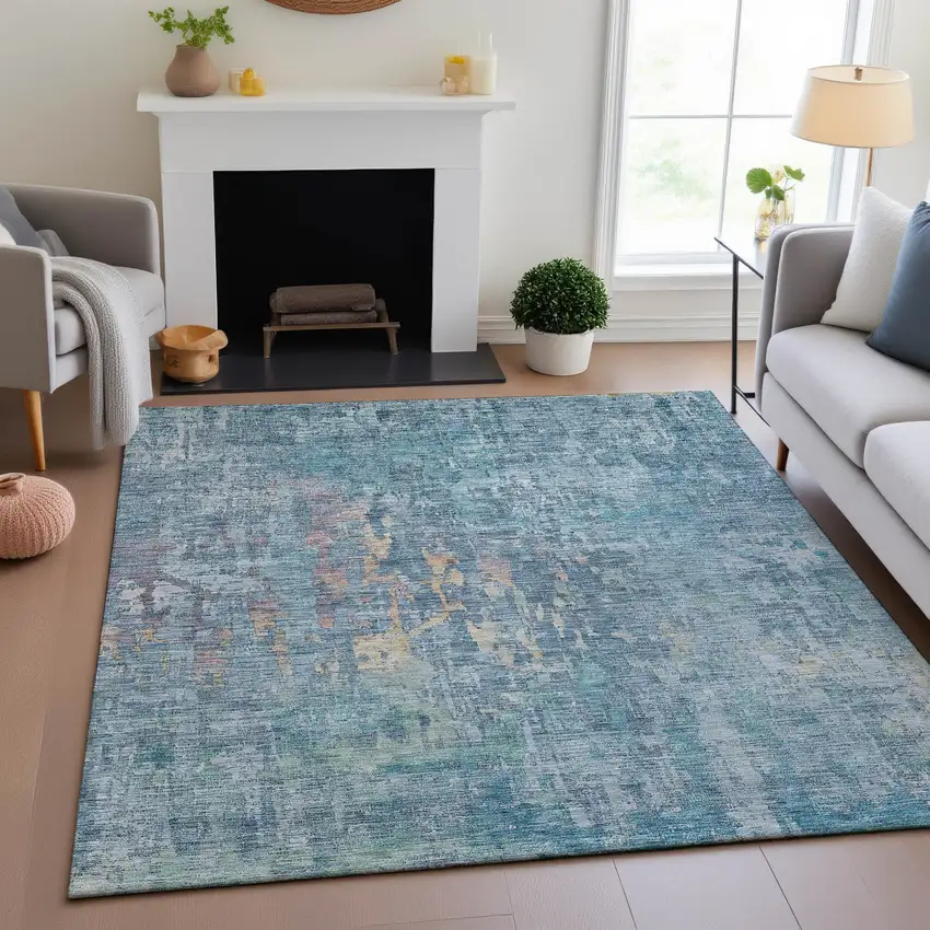 Blue And Gold Abstract Washable Area Rug With UV Protection Photo 4