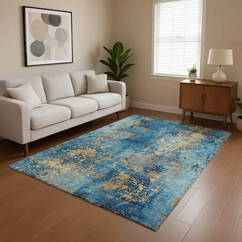 Blue And Gold Abstract Washable Area Rug With UV Protection Photo 4