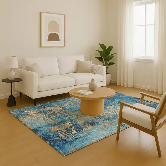 Blue And Gold Abstract Washable Area Rug With UV Protection Photo 5