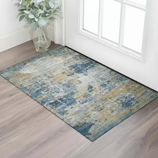 Blue And Gold Abstract Washable Area Rug With UV Protection Photo 2