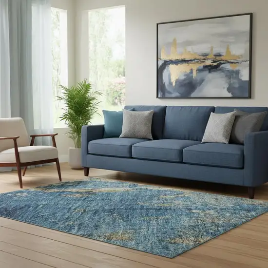 Blue And Gold Abstract Washable Area Rug With UV Protection Photo 2