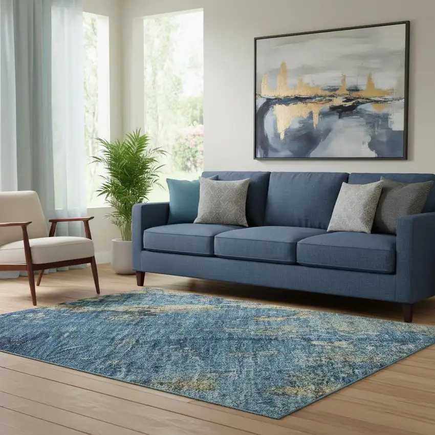 Blue And Gold Abstract Washable Area Rug With UV Protection Photo 2