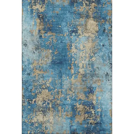 Blue And Gold Abstract Washable Area Rug With UV Protection Photo 7
